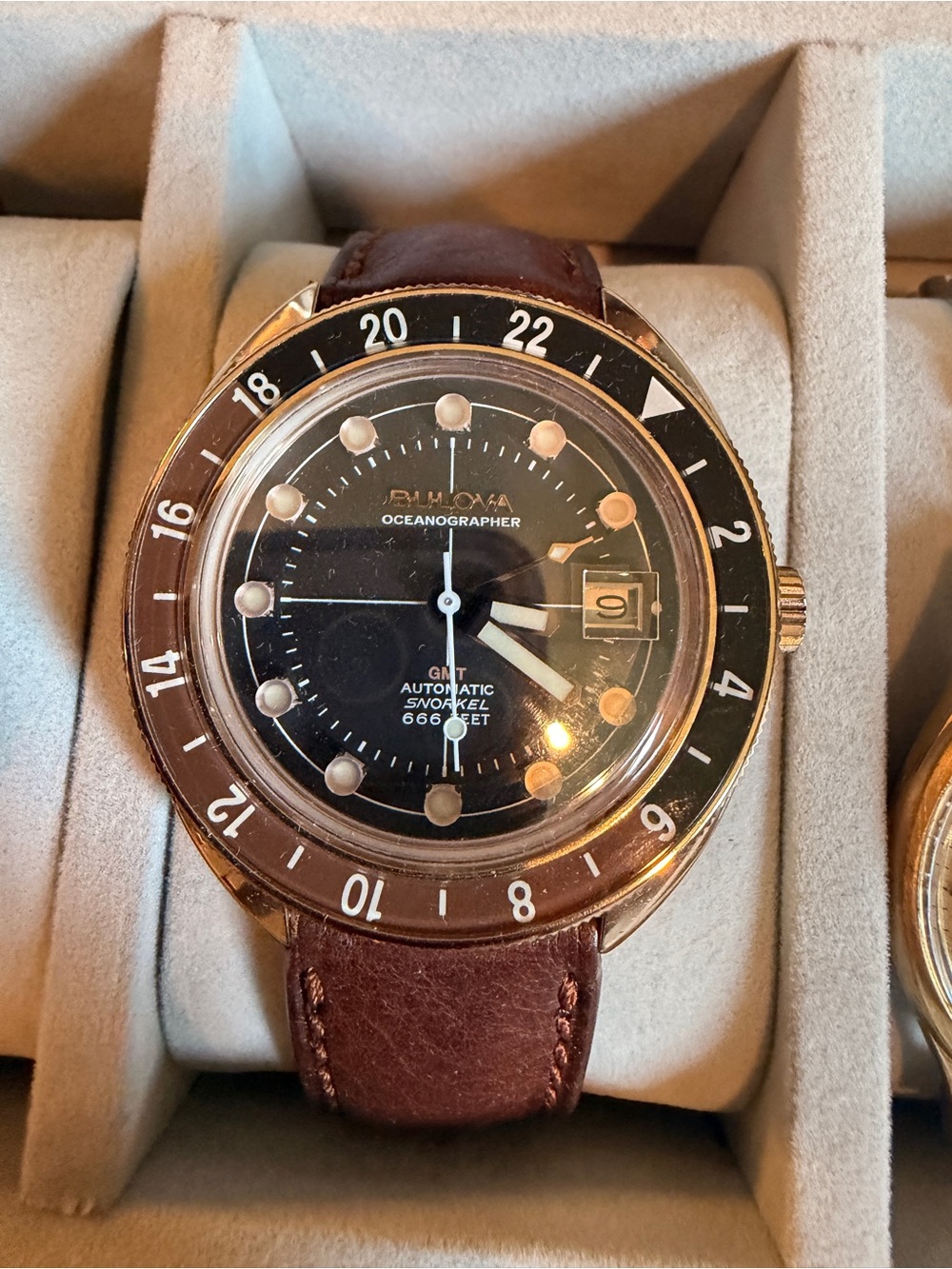 Bulova Oceanographer GMT Watch - Black Dial with Brown Bezel and Strap